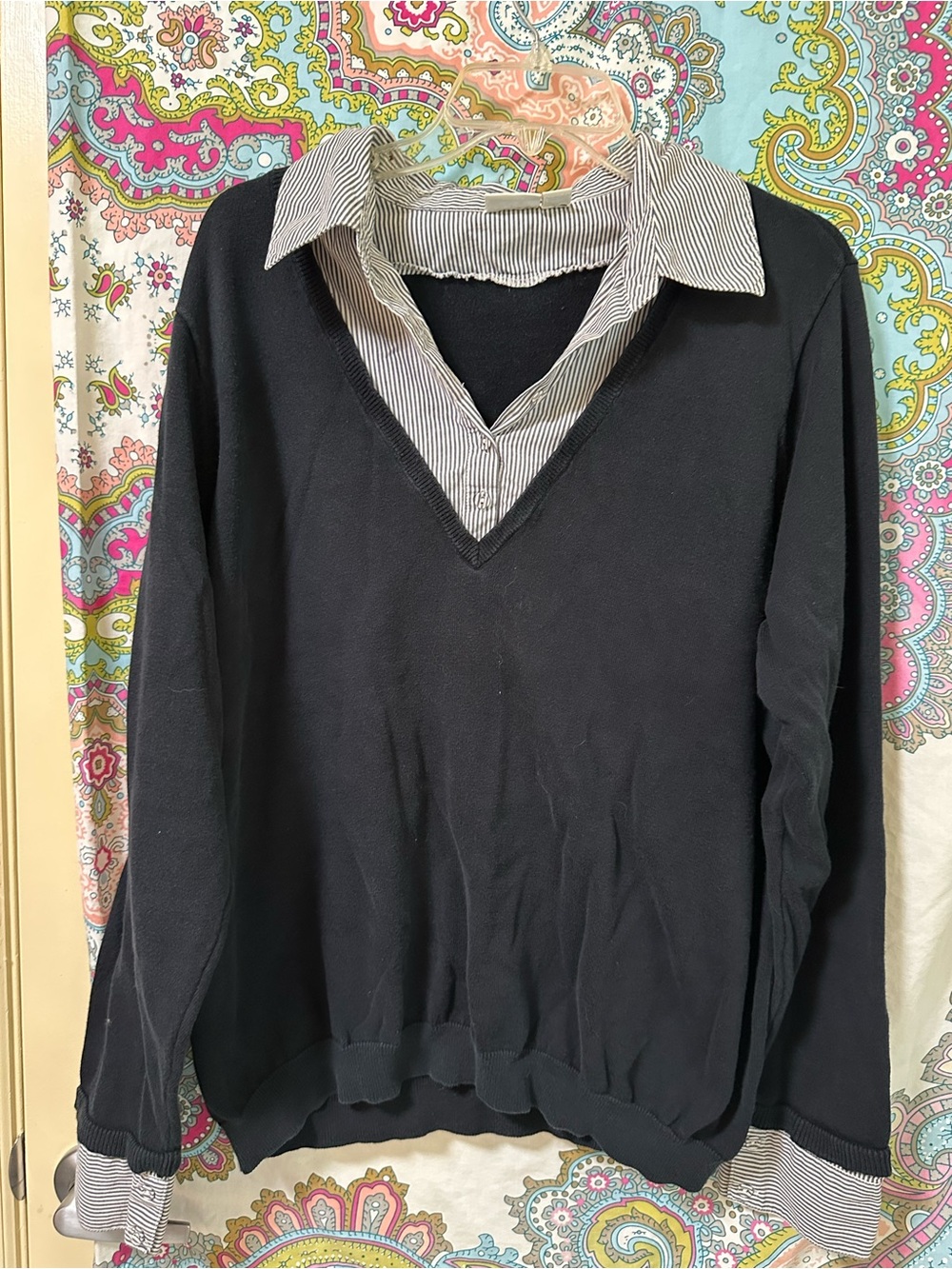 Cato Black V-Neck Sweater with Striped Attached Collar